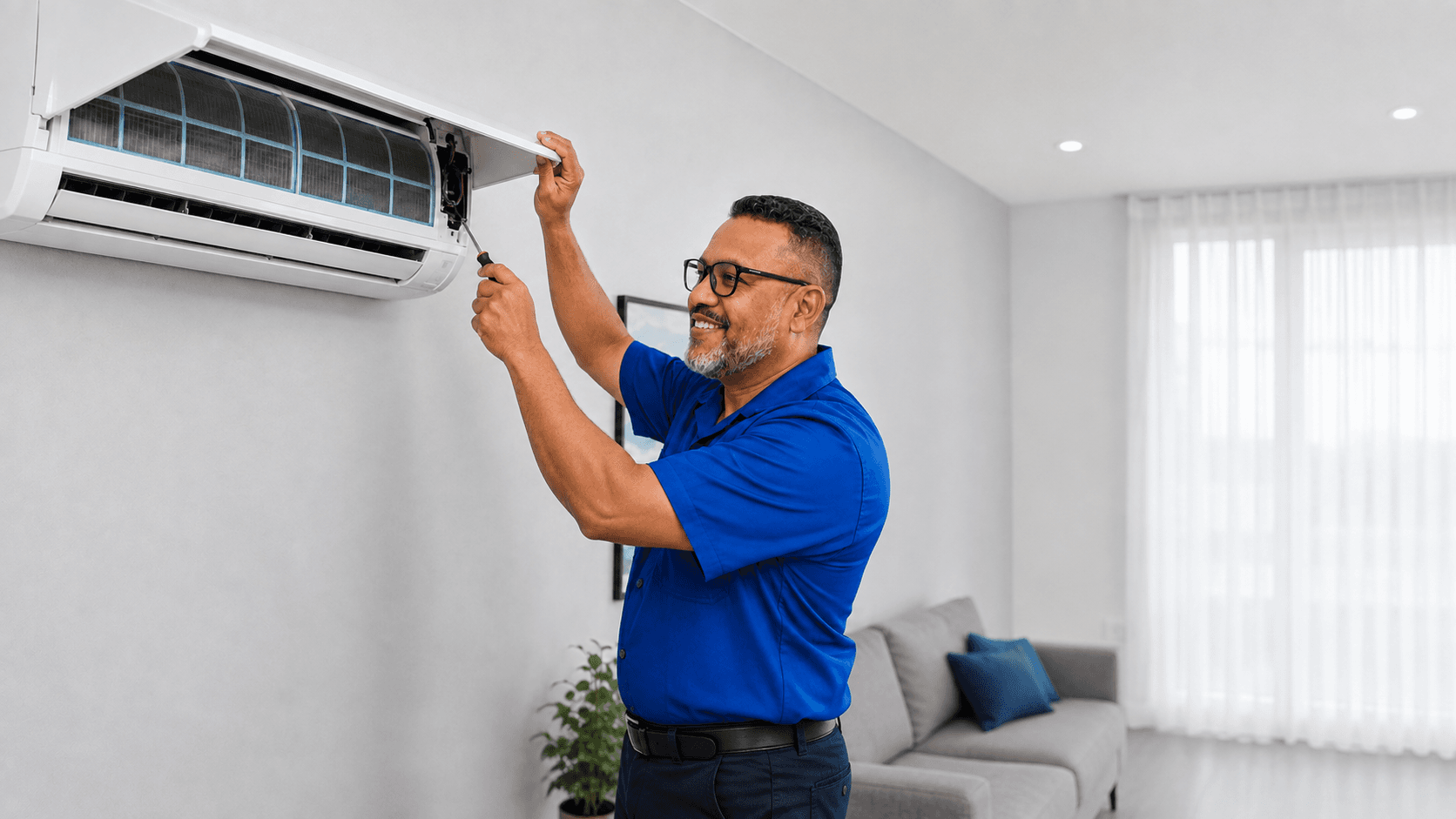 Proprietário da Climatizar realizando manutenção em um ar-condicionado hi-wall aberto